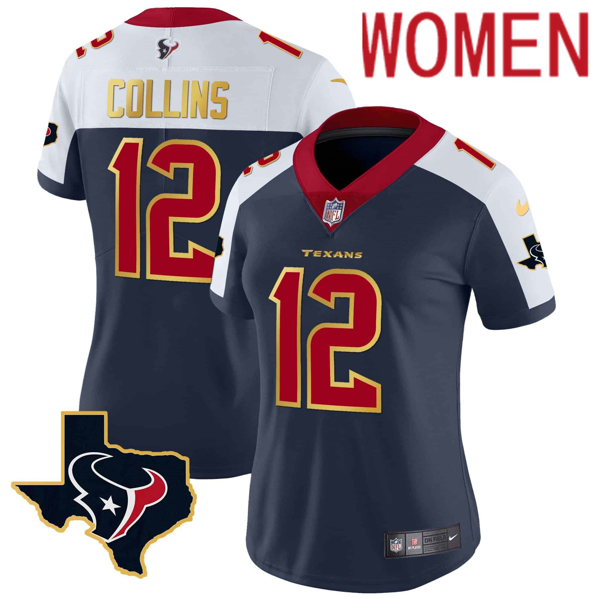 Women Houston Texans #12 Collins Dark blue Gold 2024 Nike Trim Vapor NFL Jersey->women nfl jersey->Women Jersey